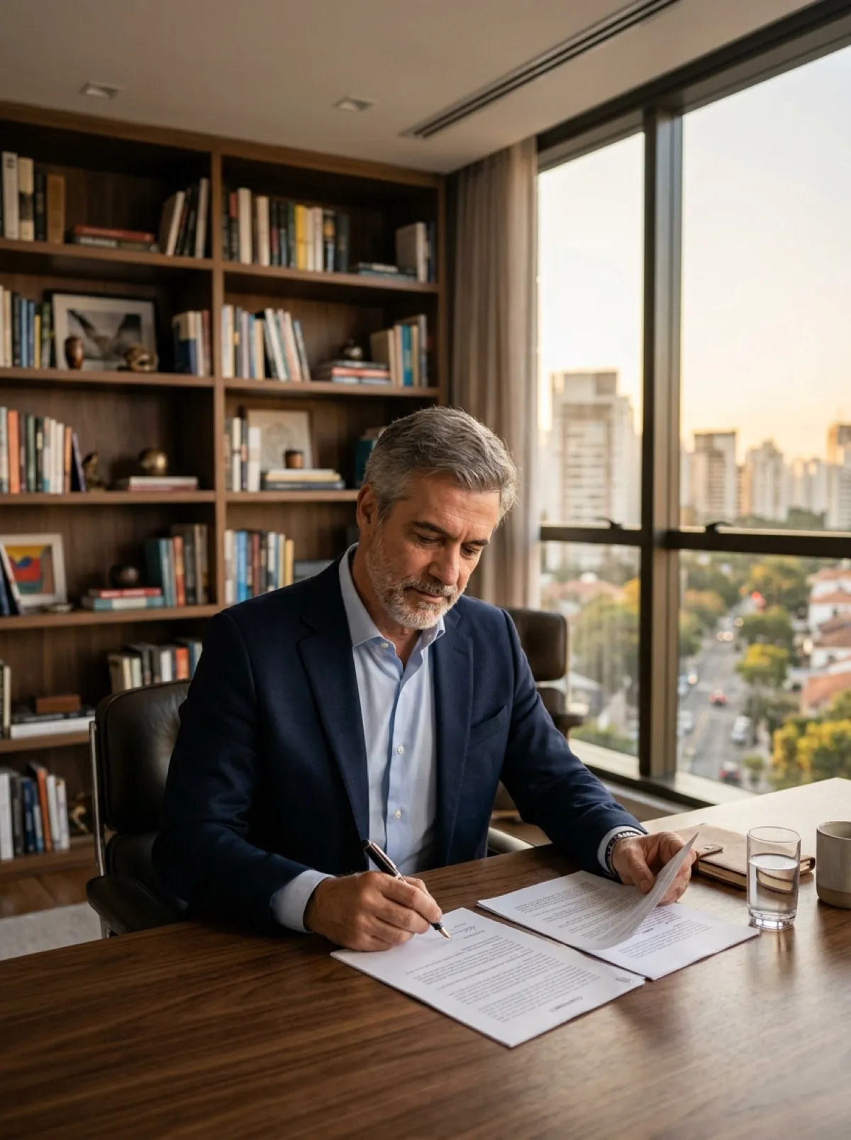 Empresário revisando o contrato no escritório
